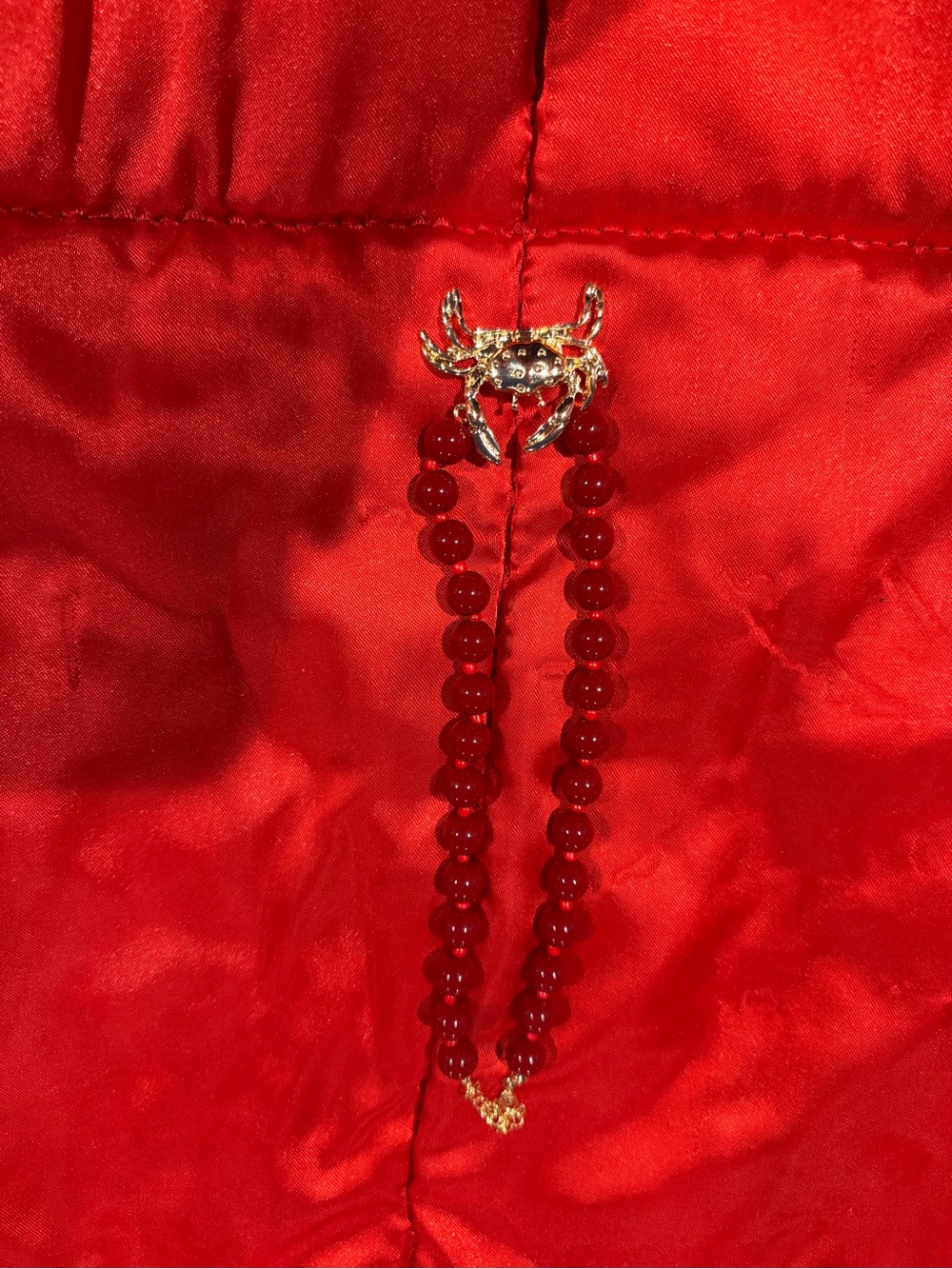 Red Beaded Crab Necklace Gold Accent